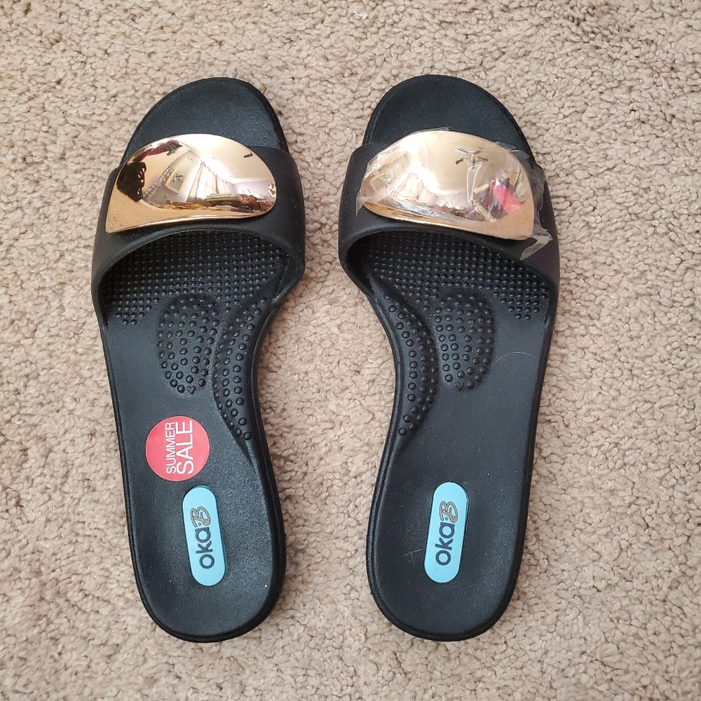 Oka B Slide Sandals Black with Gold detail Small